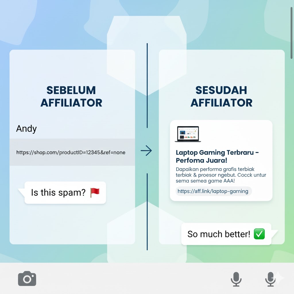Perbandingan tampilan link sebelum dan sesudah menggunakan Affiliator